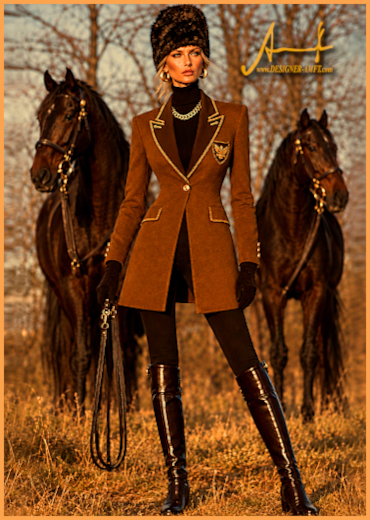 Model Claire wearing a brown superior craft rider costume with embroidered wapon, designed by Berlin fashion designer Torsten Amft.