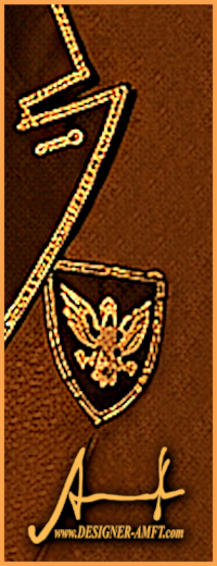 Detail view of the textile structure on a brown rider costume with embroidered wapon designed by fashion designer Torsten Amft.