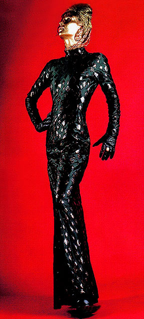 futuristic cocktail evening robe from the collection 'welcome future' of the category 'German fashion art' in black noble Lycra material with assigned black - gold paillettes